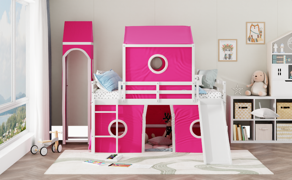 Full Size Loft  Bed with Slide Pink Tent and Tower - Pink