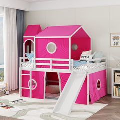 Full Size Loft  Bed with Slide Pink Tent and Tower - Pink