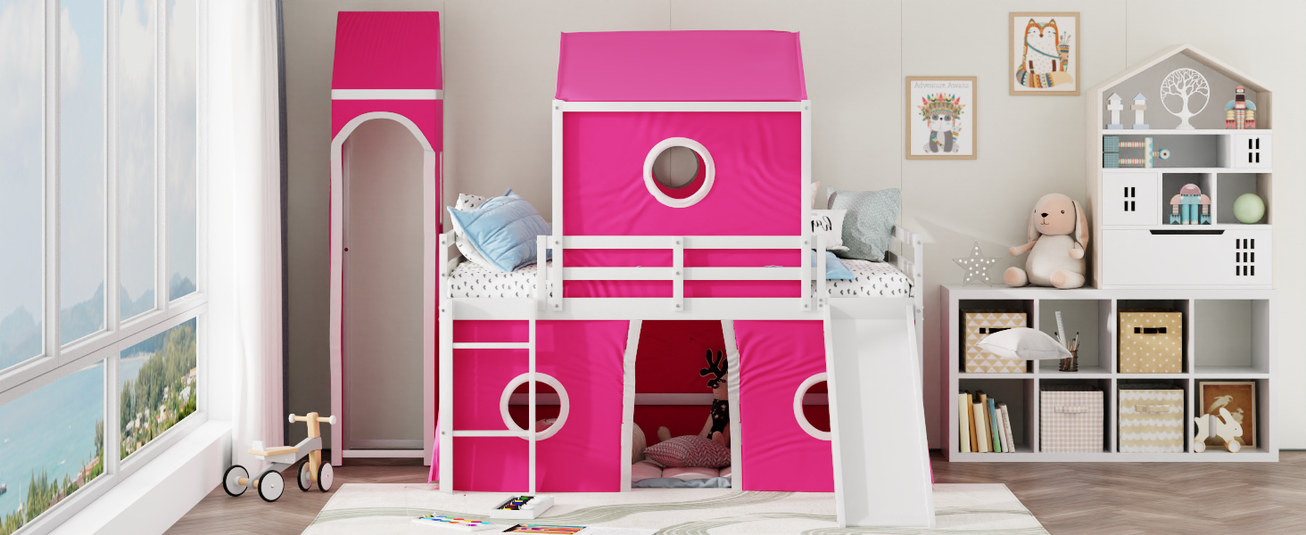 Full Size Loft  Bed with Slide Pink Tent and Tower - Pink