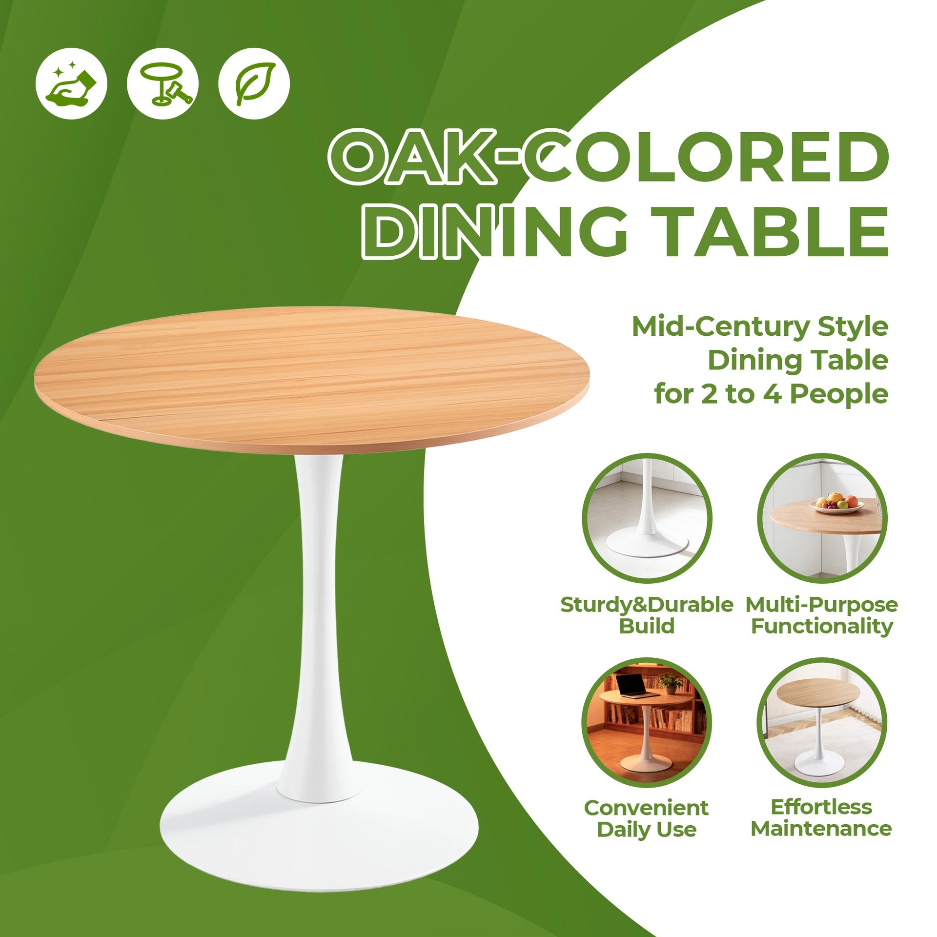 31.5"OAK COLOR TOP Tulip Table Mid-century Dining Table for 2-4 people With Round Mdf Table Top, Pedestal Dining Table, End Table Leisure Coffee Table