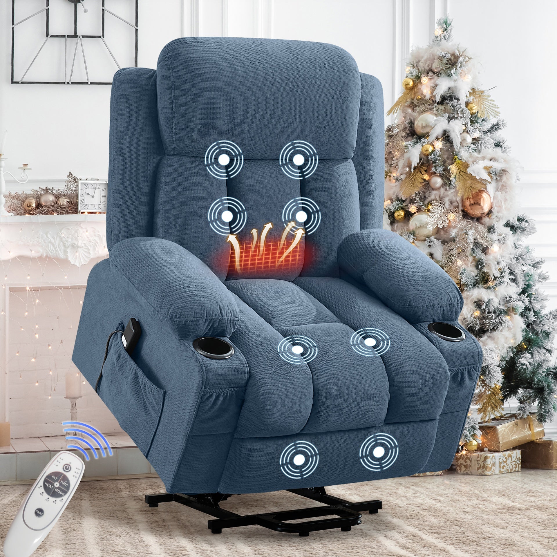 Power Lift Recliner Chair with Heat and Massage Electric Fabric Recliner Chair for Elderly with Side Pocket, USB Charge Port, Remote Control for Living Room