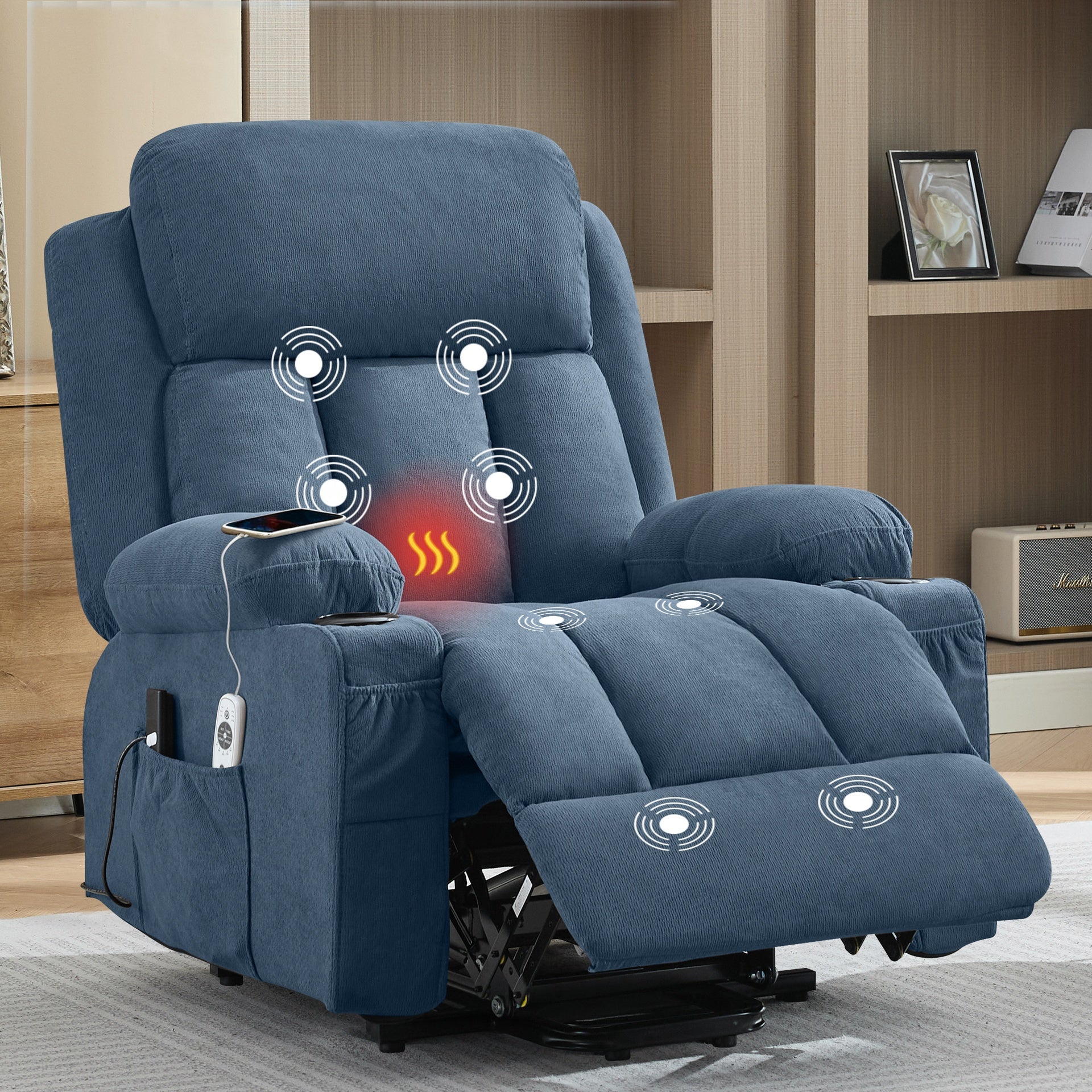 Power Lift Recliner Chair with Heat and Massage Electric Fabric Recliner Chair for Elderly with Side Pocket, USB Charge Port, Remote Control for Living Room