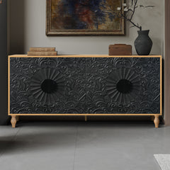 Black Carved Symmetrical Design Door And Wood Coloured Frame For TV Stand Table,Living Room ,Entryway