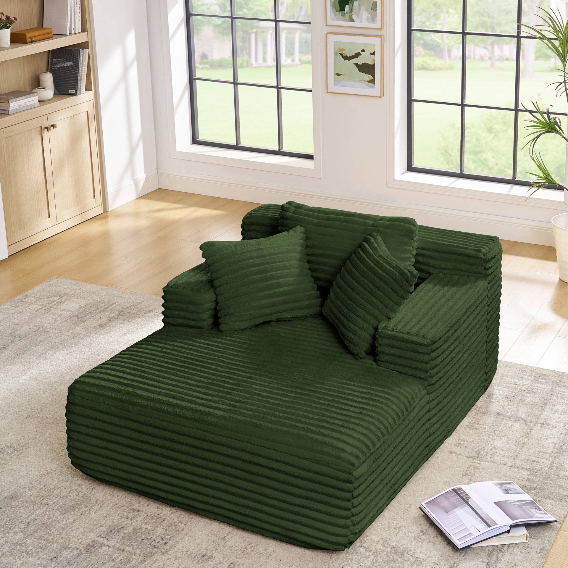 Living Room Compressed Chaise Lounge Foam Sofa bed, Fluffy Corduroy Upholstered Cloud Couch with Deep Seat, Green