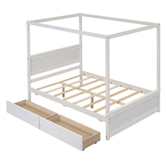Wood Canopy Bed with two Drawers, Full Size Canopy Platform bed With Support Slats .No Box Spring Needed, Brushed White
