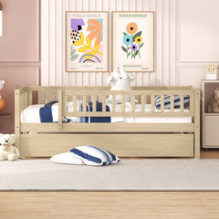 Twin Size Wood Daybed with Trundle and Fence Guardrails, Natural