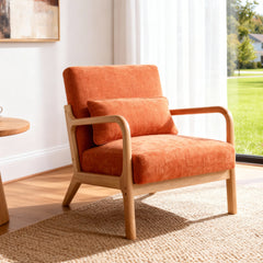 Mid Century Modern Armchair, Accent Chair with Solid Wood Frame and Detachable Lumbar Pillow for Living Room, Bedroom, Office(Orange)