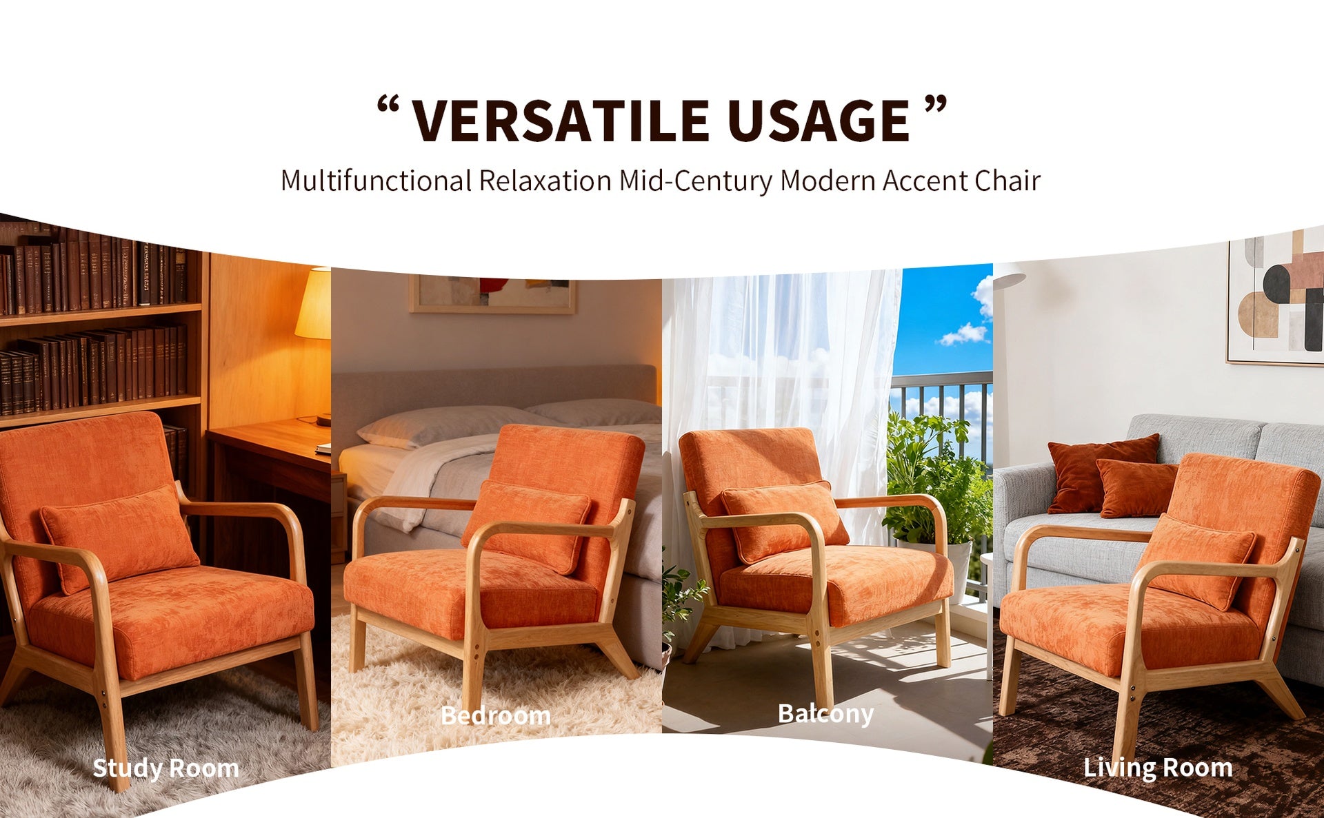 Mid Century Modern Armchair, Accent Chair with Solid Wood Frame and Detachable Lumbar Pillow for Living Room, Bedroom, Office(Orange)