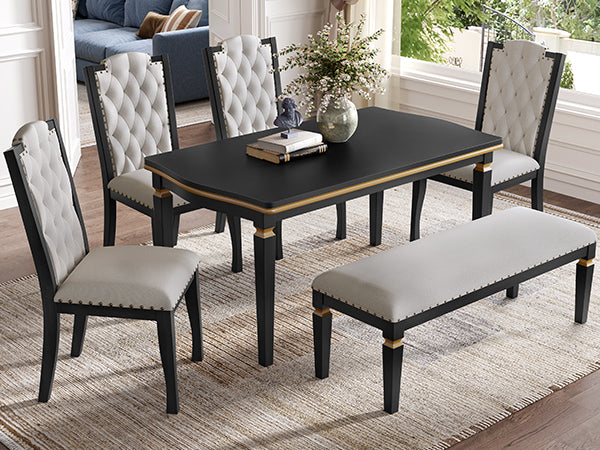 6-Piece Kitchen Dining Table Set, 60" Rectangular Table and 4 High-Back Tufted Chairs & 1 Bench for Dining Room and Kitchen (Black)
