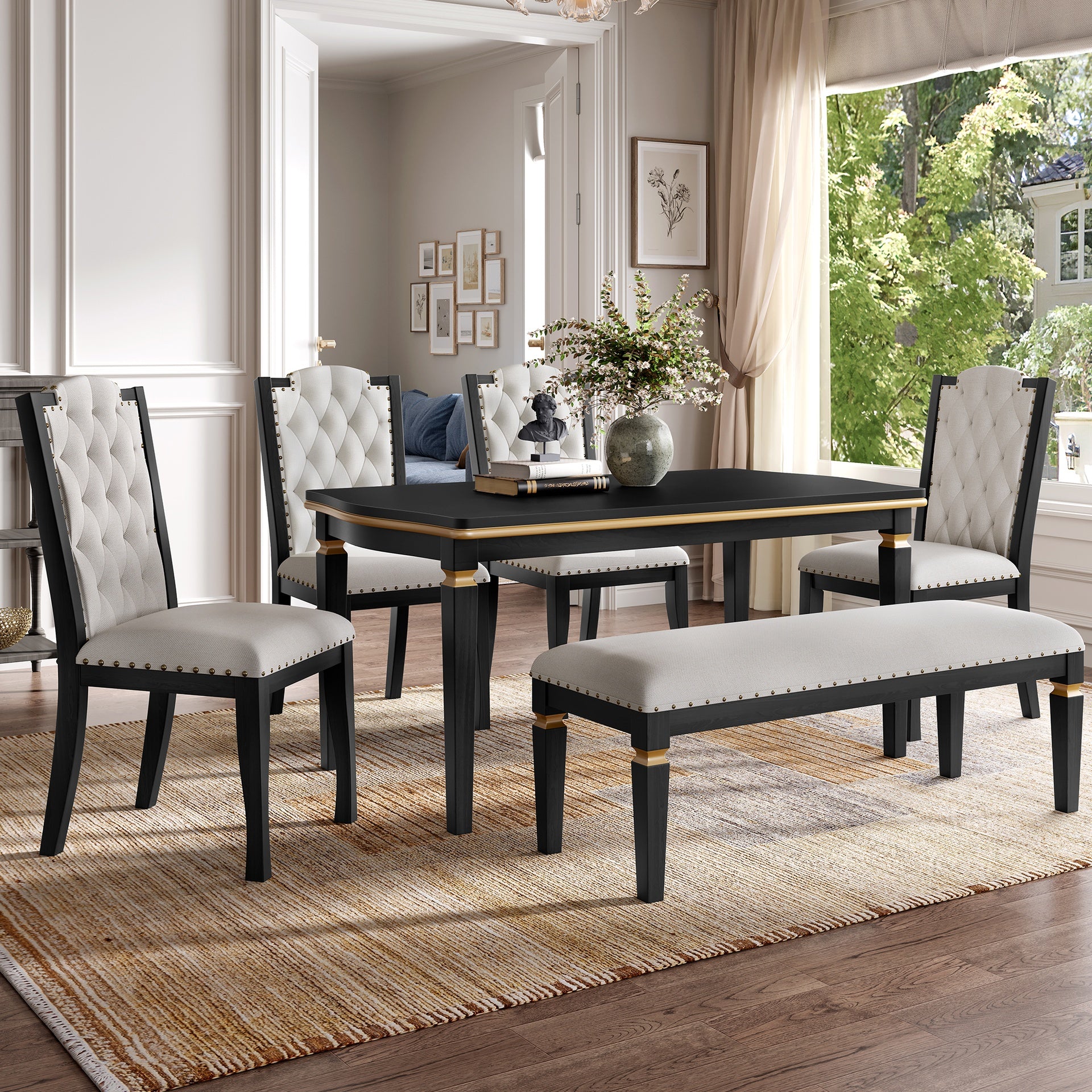 6-Piece Kitchen Dining Table Set, 60" Rectangular Table and 4 High-Back Tufted Chairs & 1 Bench for Dining Room and Kitchen (Black)