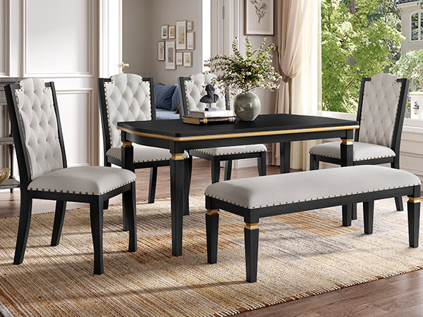 6-Piece Kitchen Dining Table Set, 60" Rectangular Table and 4 High-Back Tufted Chairs & 1 Bench for Dining Room and Kitchen (Black)