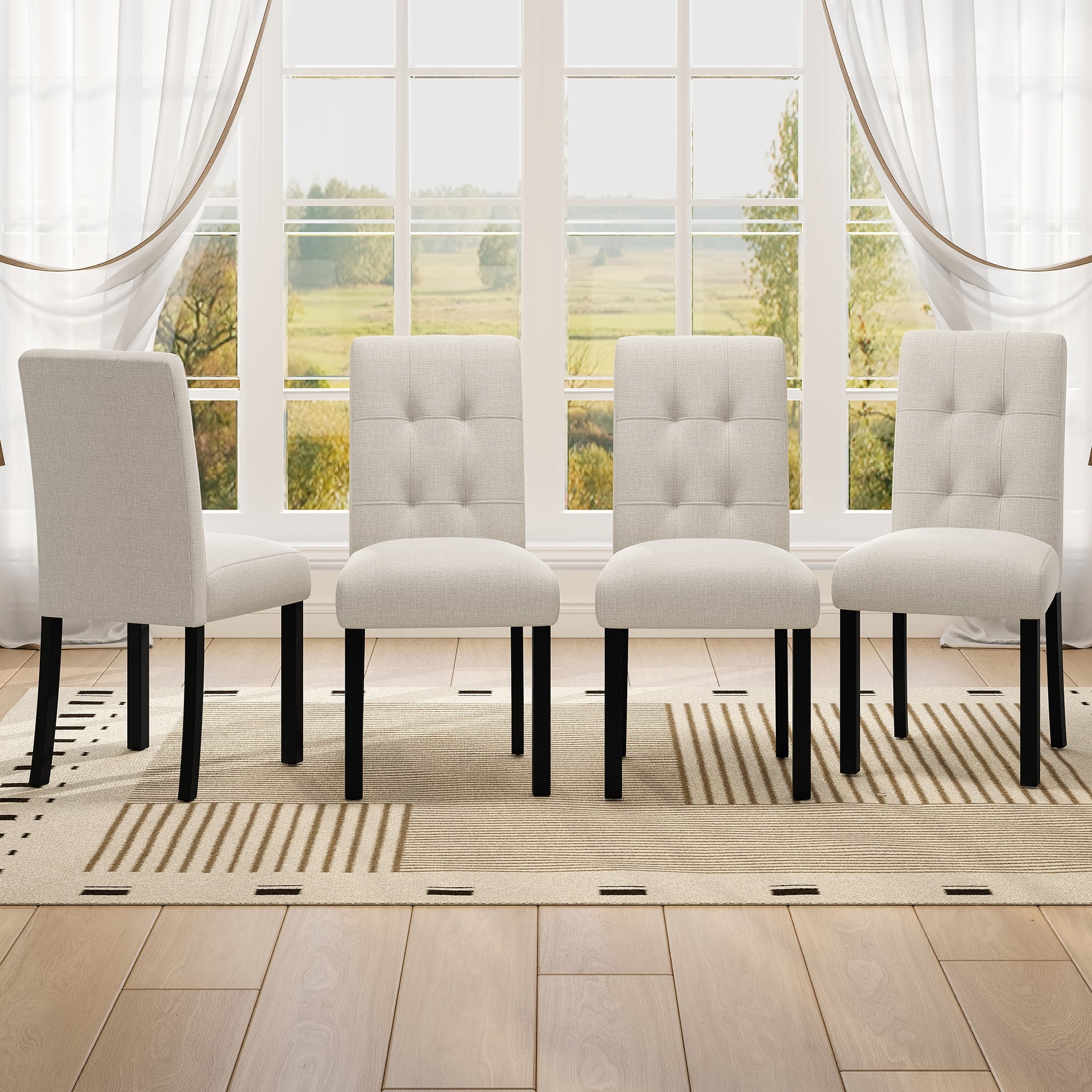 4 Piece Modern Tufted Dining Chair, Rustic Linen Upholstered with Black Rubber Wood Legs, Upholstered Accent Chair for Kitchen, Dining Room, Bedroo, Beige