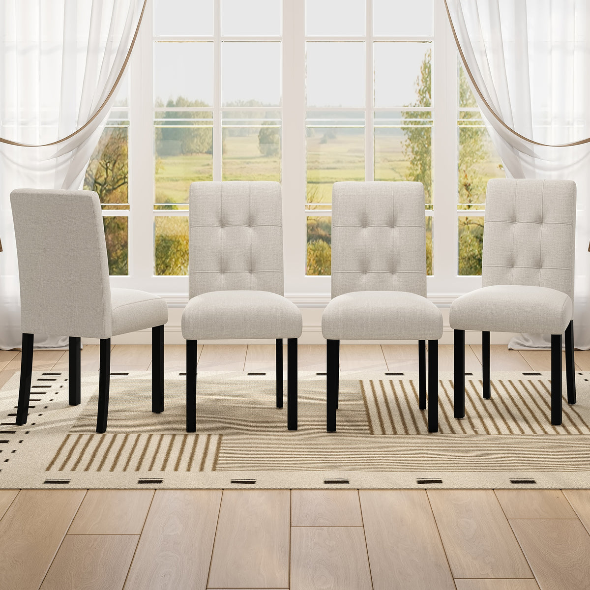 4 Piece Modern Tufted Dining Chair, Rustic Linen Upholstered with Black Rubber Wood Legs, Upholstered Accent Chair for Kitchen, Dining Room, Bedroo, Beige