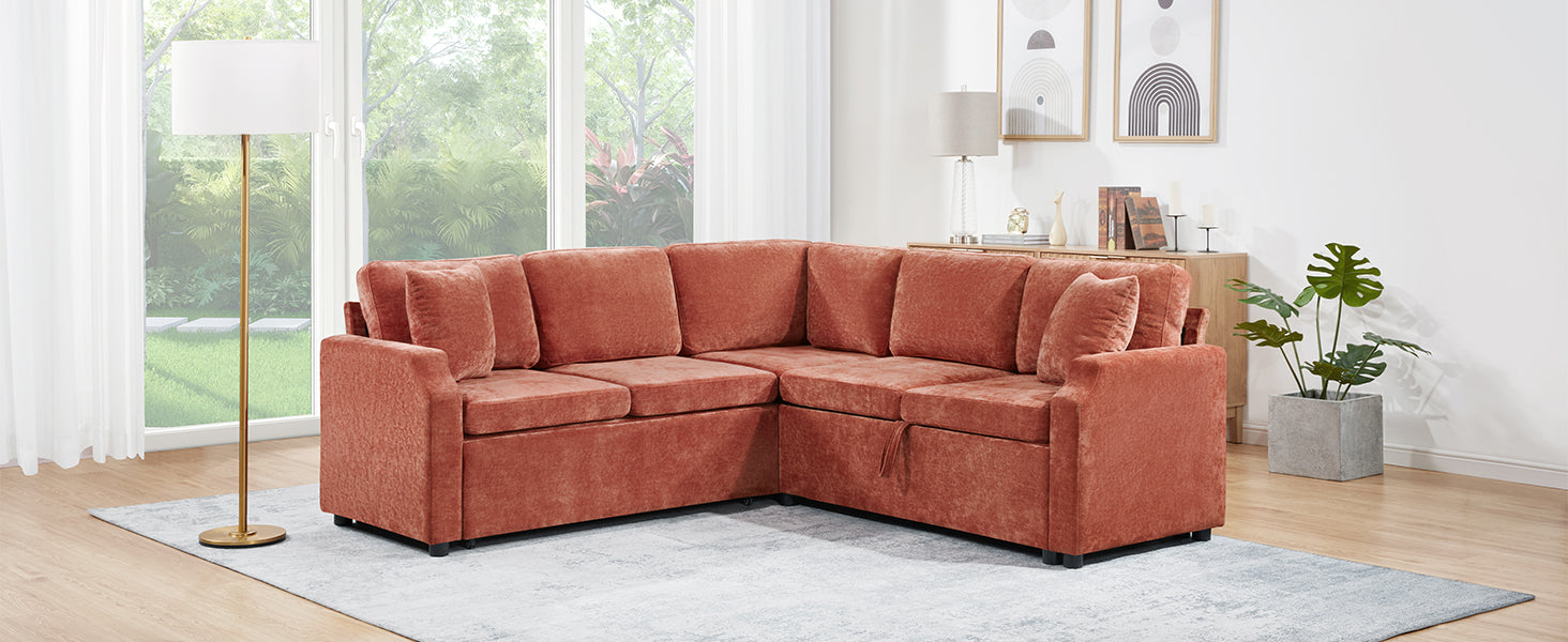 Sectional Sofa Bed L-shaped Sectional 81.9" Upholstered L-shaped Sofa with a Sofa Sleeper and a Hidden Storage Compartment for Living Room, Orange