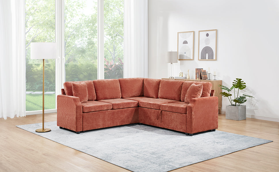 Sectional Sofa Bed L-shaped Sectional 81.9" Upholstered L-shaped Sofa with a Sofa Sleeper and a Hidden Storage Compartment for Living Room, Orange
