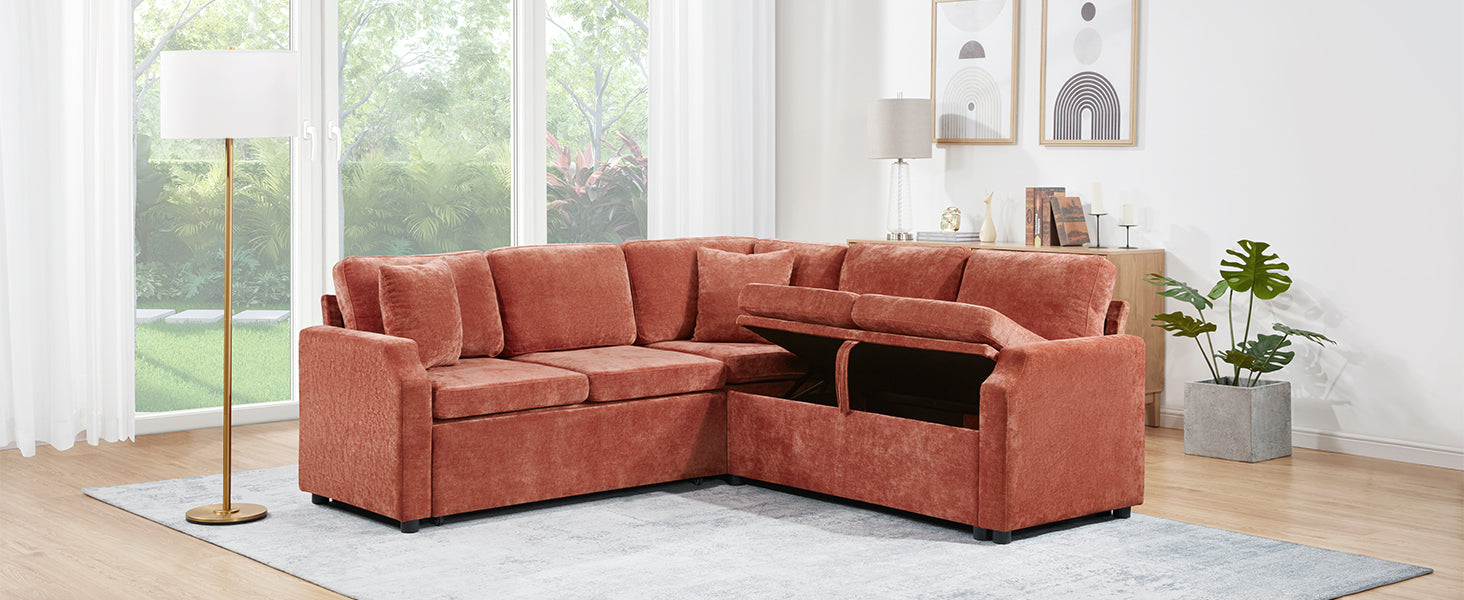Sectional Sofa Bed L-shaped Sectional 81.9" Upholstered L-shaped Sofa with a Sofa Sleeper and a Hidden Storage Compartment for Living Room, Orange