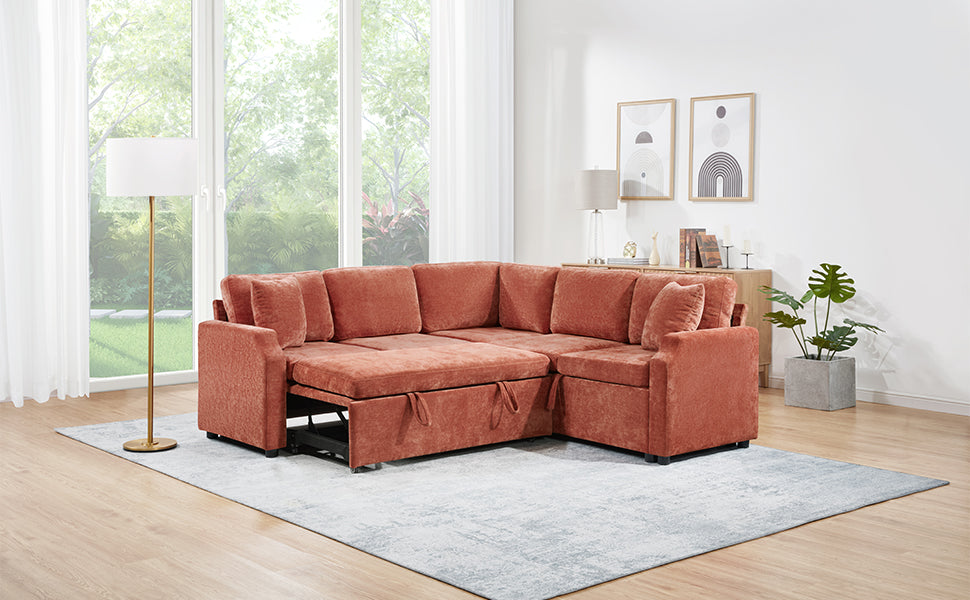 Sectional Sofa Bed L-shaped Sectional 81.9" Upholstered L-shaped Sofa with a Sofa Sleeper and a Hidden Storage Compartment for Living Room, Orange