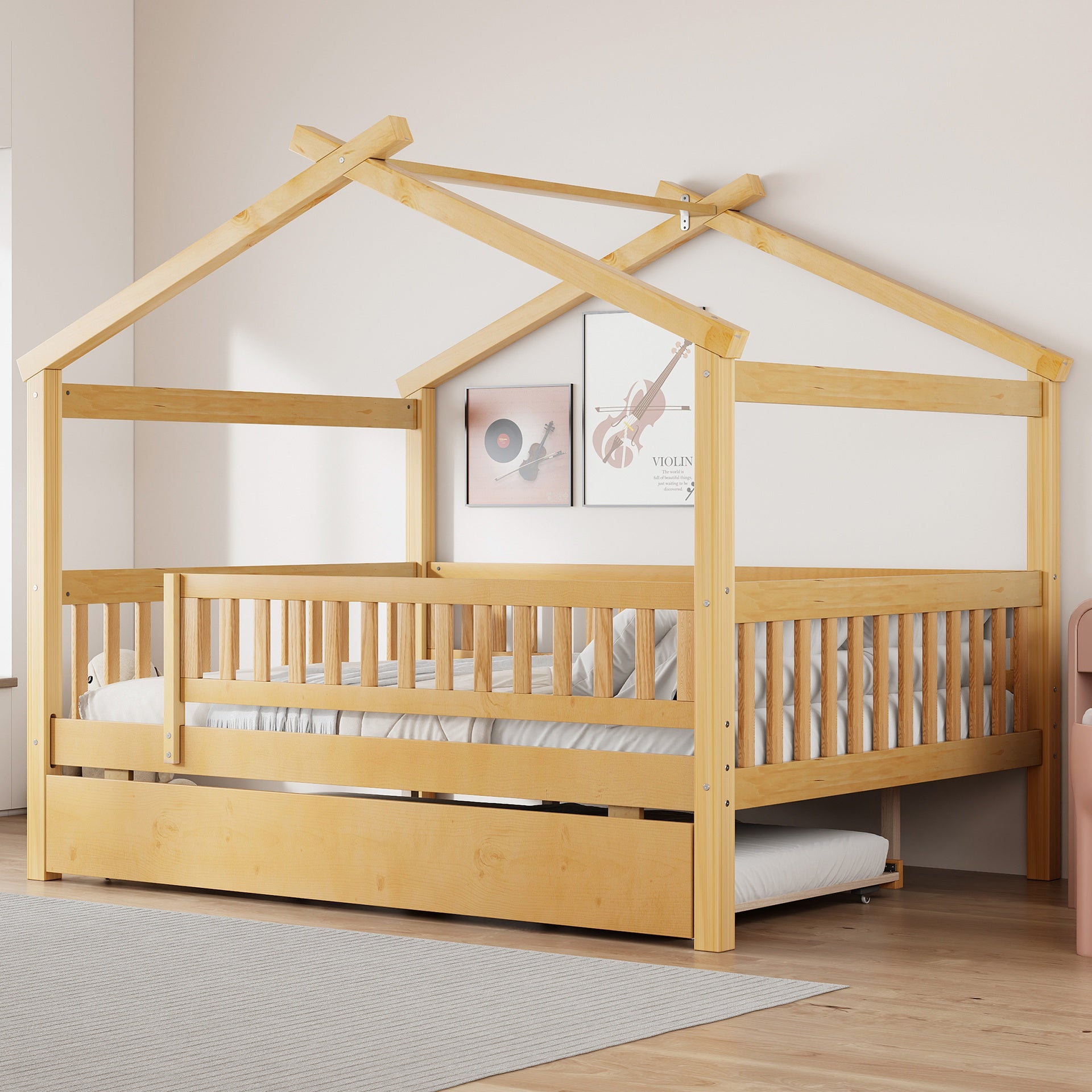 Full Size Wooden House Bed with Twin Size Trundle, Natural(OLD SKU: LP000306AAN)