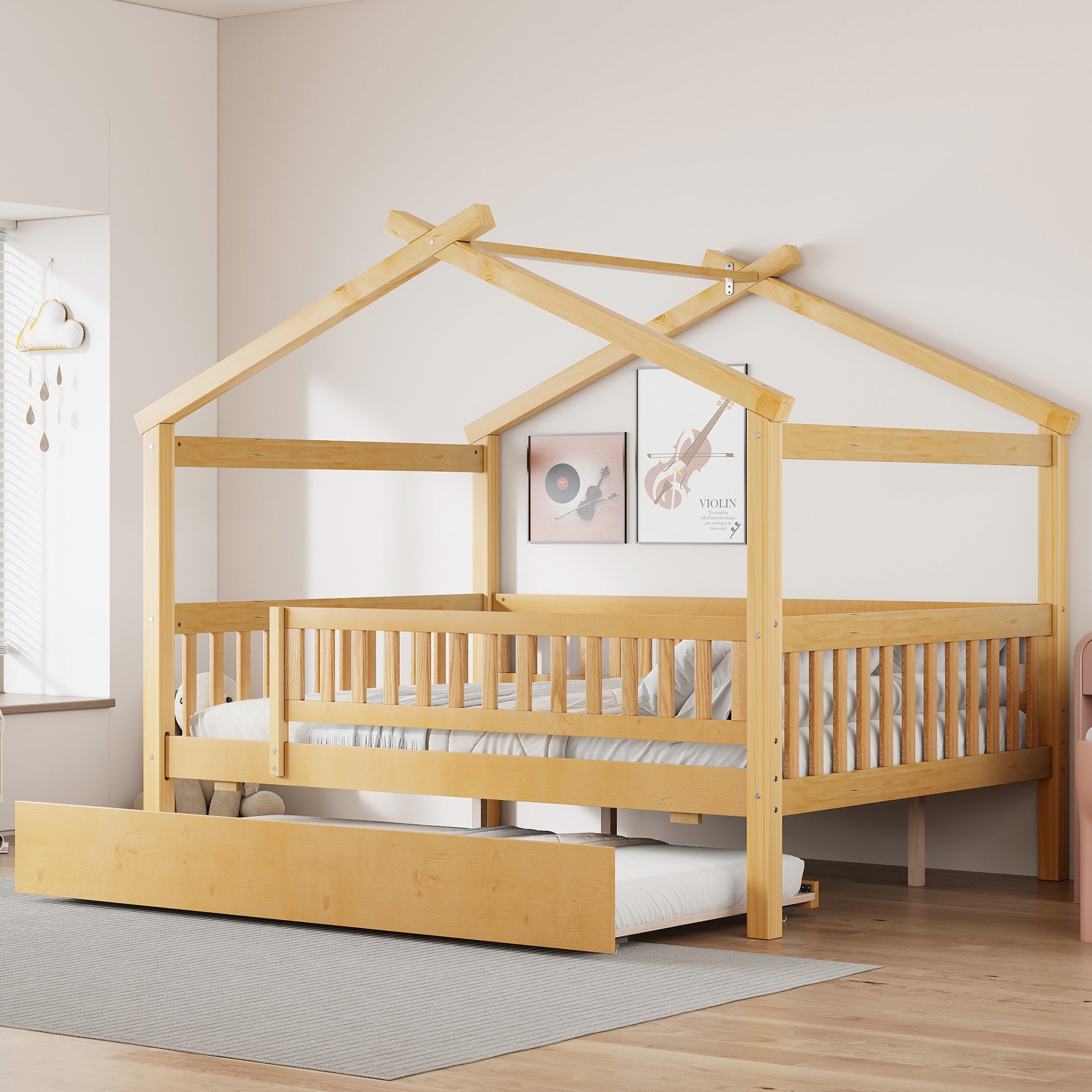 Full Size Wooden House Bed with Twin Size Trundle, Natural(OLD SKU: LP000306AAN)