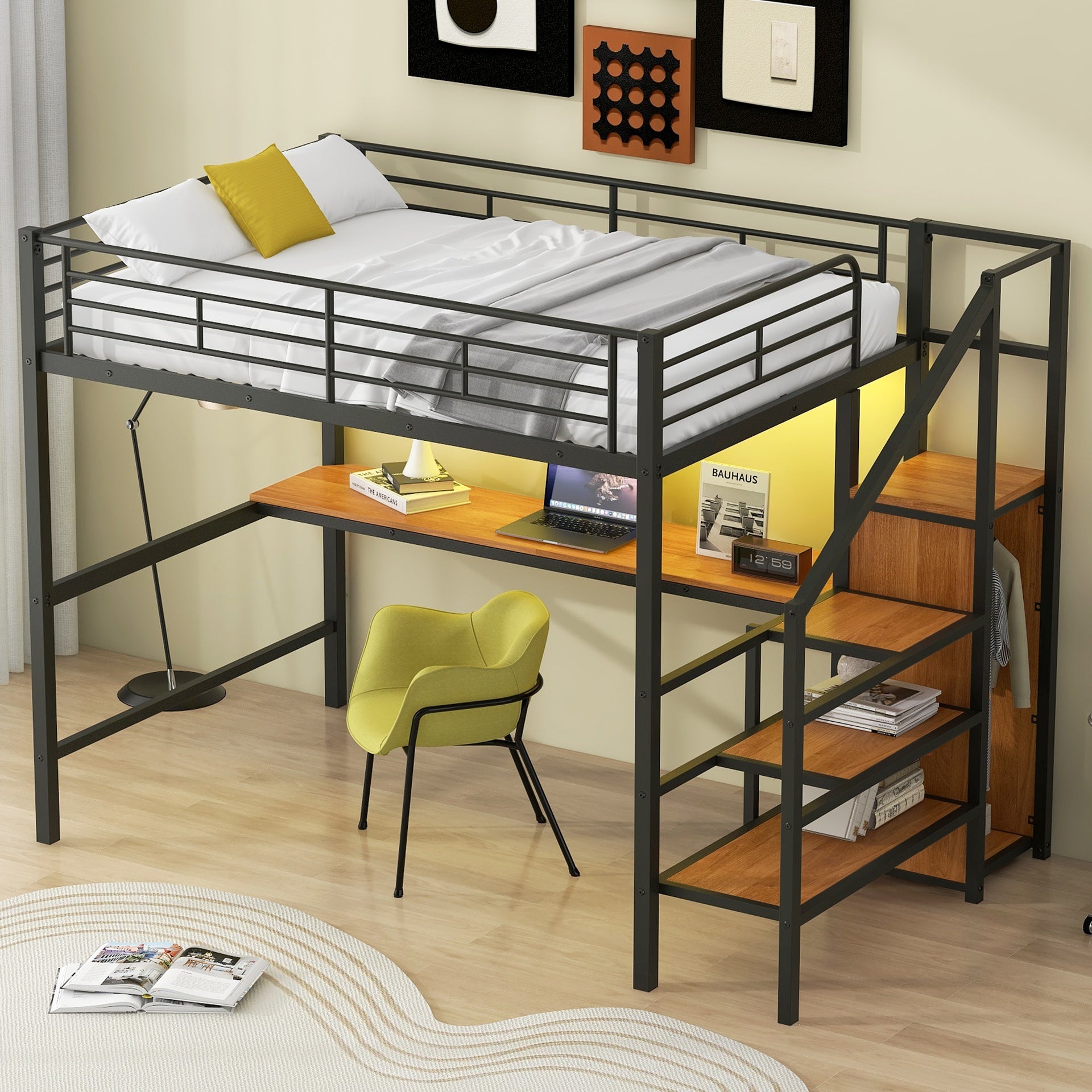 Full Size Metal Loft Bed with Desk, Storage Staircase, Small Wardrobe and LED Light,Black