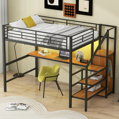 Full Size Metal Loft Bed with Desk, Storage Staircase, Small Wardrobe and LED Light,Black