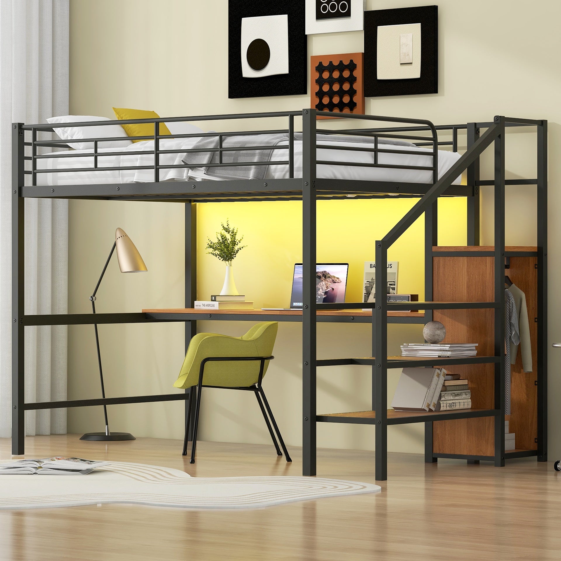 Full Size Metal Loft Bed with Desk, Storage Staircase, Small Wardrobe and LED Light,Black