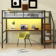 Full Size Metal Loft Bed with Desk, Storage Staircase, Small Wardrobe and LED Light,Black