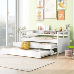 Twin XL Wood Daybed with 2 Trundles, 3 Storage Cubbies, 1 Light for Free and USB Charging Design, White