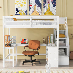 Full Size Loft Bed with Built-in L-Shaped Desk and Three-Tier Storage Shelves,and Attached Storage Staircase, White(Old SKU:  GX001809AAK)