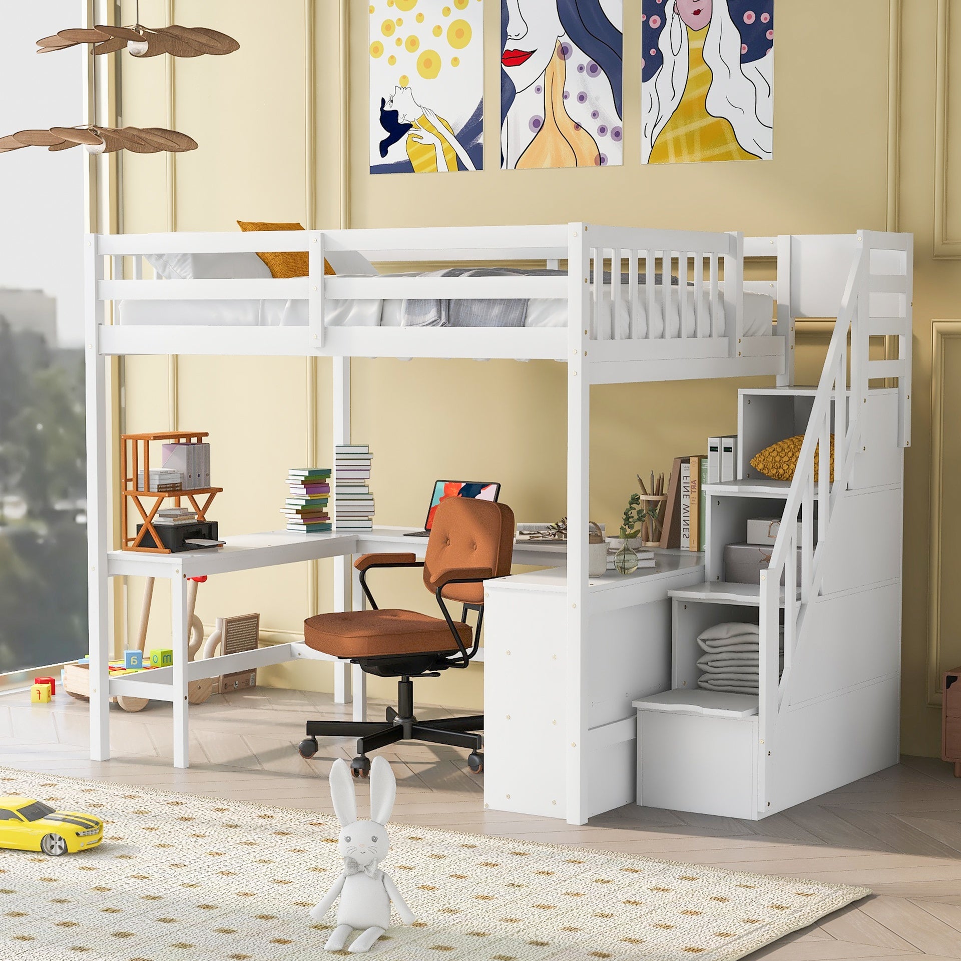 Full Size Loft Bed with Built-in L-Shaped Desk and Three-Tier Storage Shelves,and Attached Storage Staircase, White(Old SKU:  GX001809AAK)