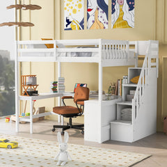 Full Size Loft Bed with Built-in L-Shaped Desk and Three-Tier Storage Shelves,and Attached Storage Staircase, White(Old SKU:  GX001809AAK)