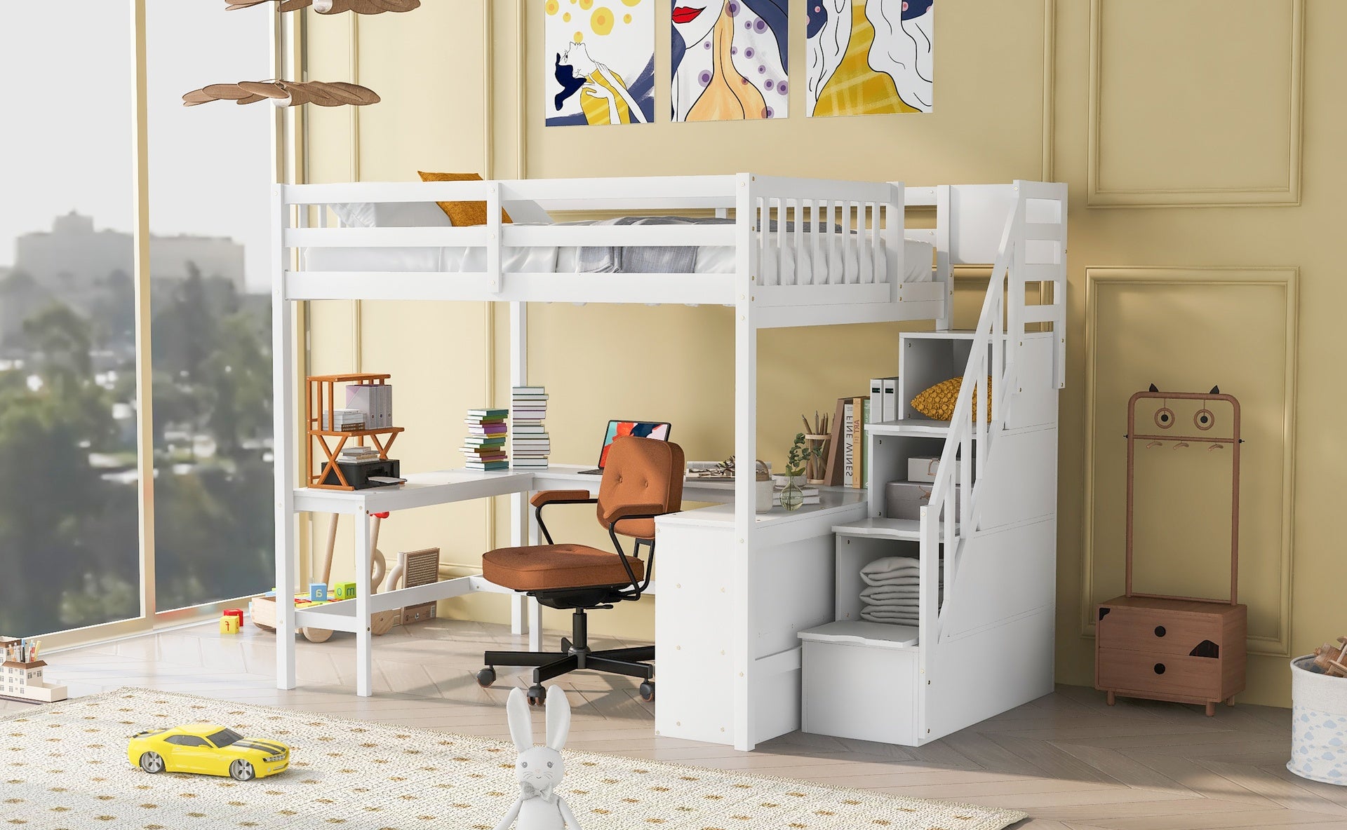 Full Size Loft Bed with Built-in L-Shaped Desk and Three-Tier Storage Shelves,and Attached Storage Staircase, White(Old SKU:  GX001809AAK)