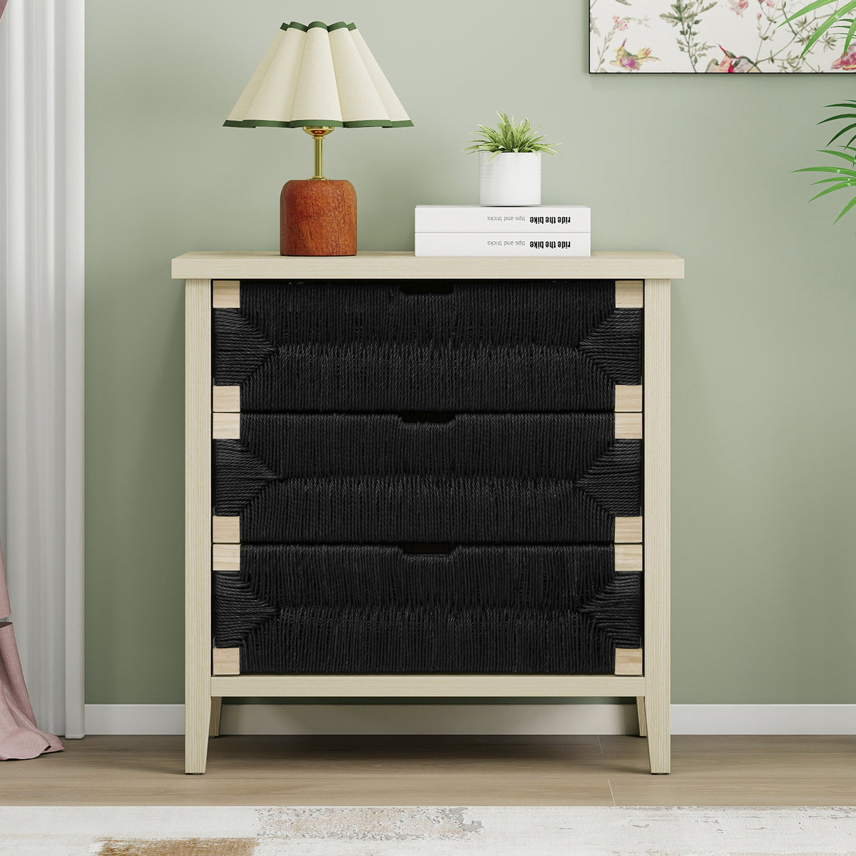 3 Drawer Buffet Sideboard with Adjustable Shelves, Storage Cabinet with Hand-woven rope decorated drawers for Living Room Kitchen Entryway