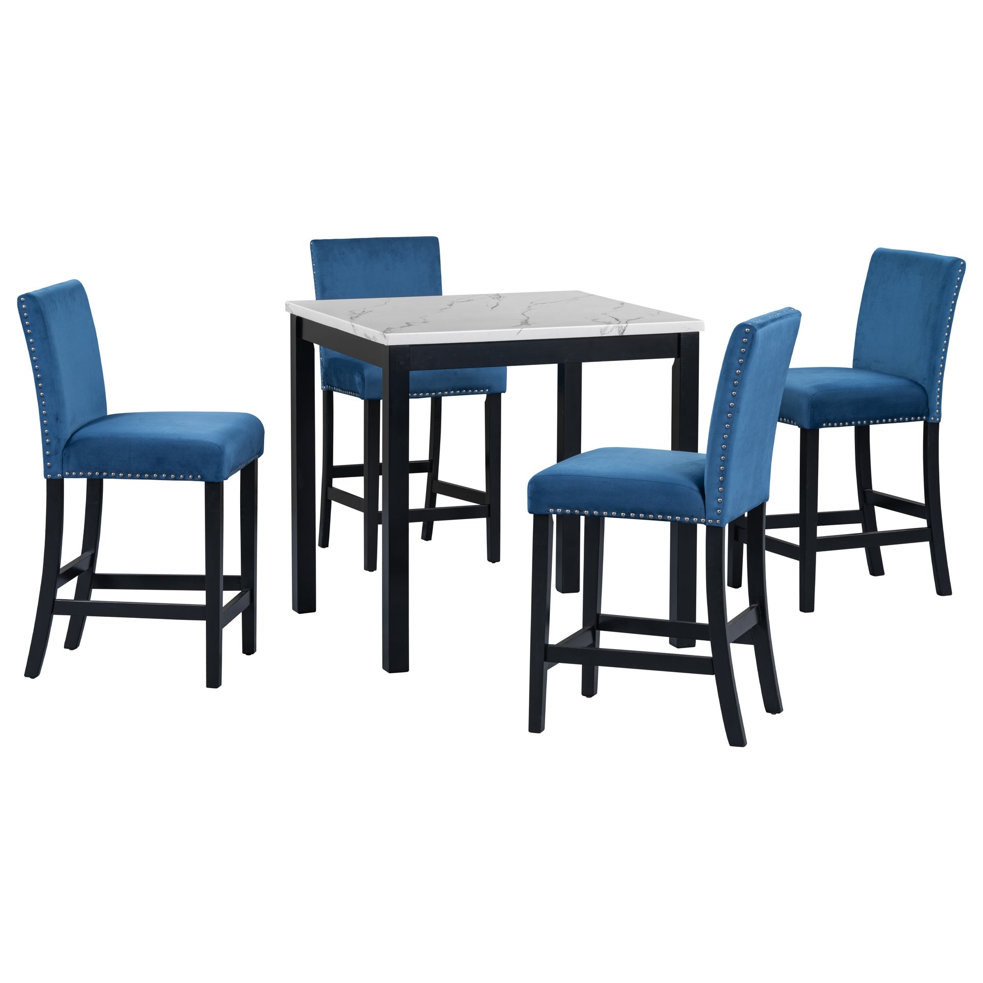5-piece Counter Height Dining Table Set with One Faux Marble Top Dining Table and Four Velvet-Upholstered Chairs,Blue