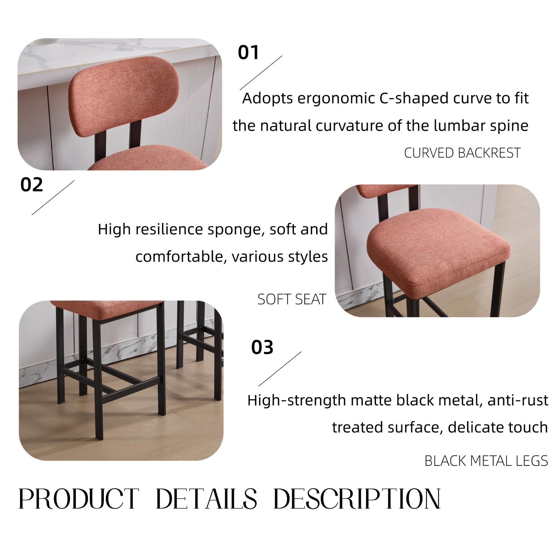 Bar Stools Set of 2, 26 inch Modern Upholstered Fabric Counter Height Barstools, Kitchen Island Chairs with Black Metal Legs for Dining Room/Kitchen Island/Bar