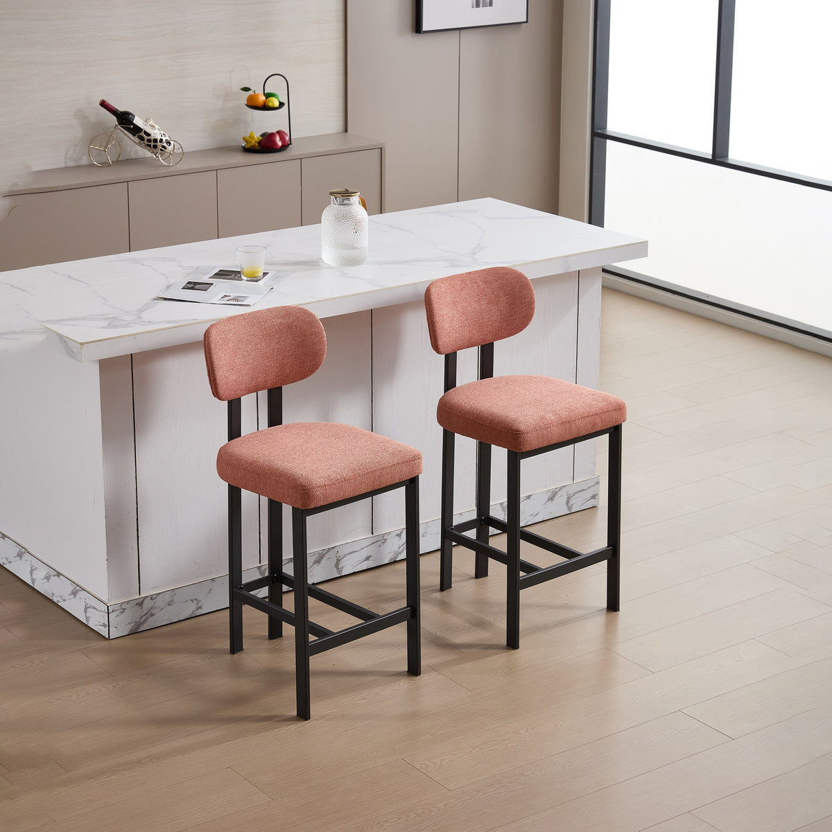 Bar Stools Set of 2, 26 inch Modern Upholstered Fabric Counter Height Barstools, Kitchen Island Chairs with Black Metal Legs for Dining Room/Kitchen Island/Bar