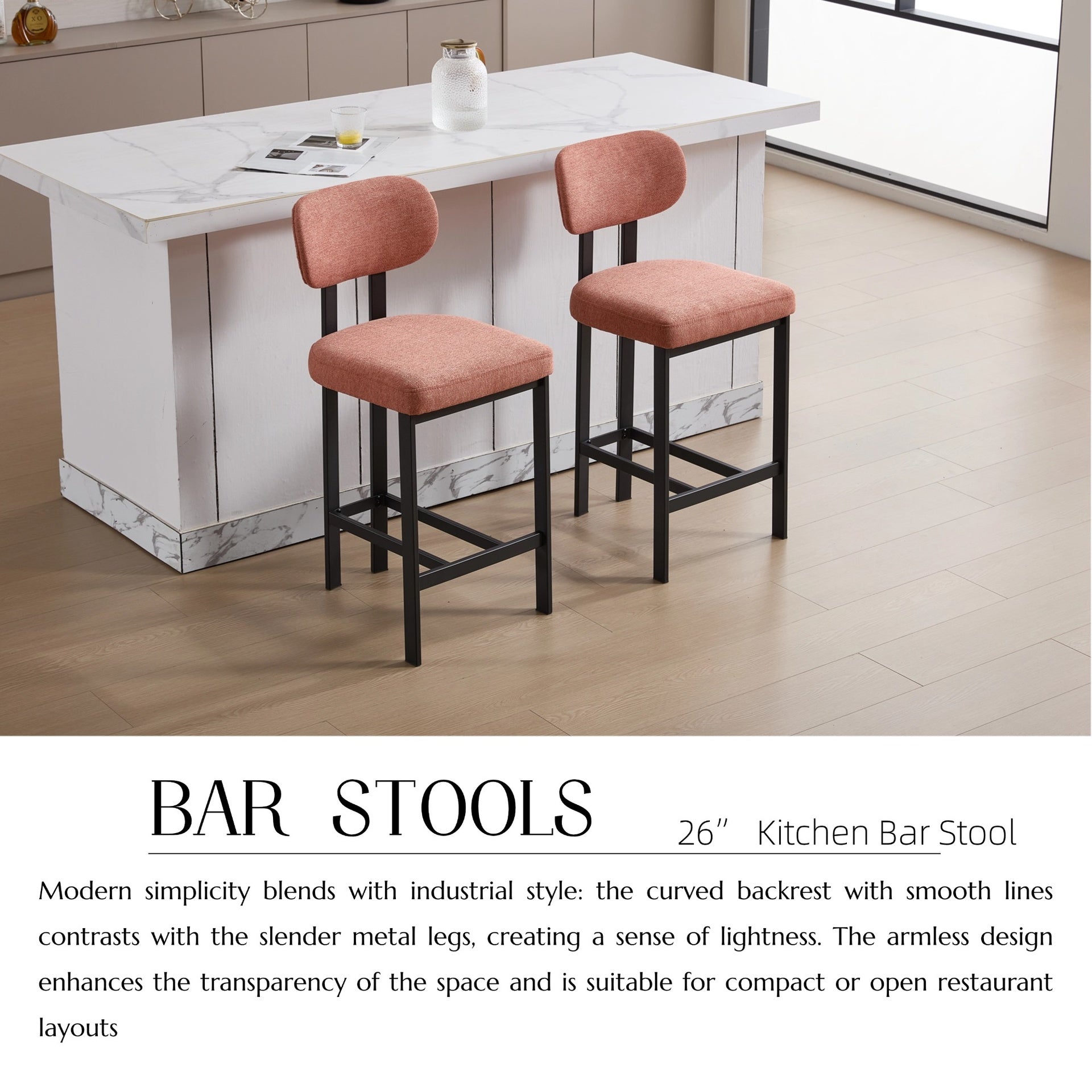 Bar Stools Set of 2, 26 inch Modern Upholstered Fabric Counter Height Barstools, Kitchen Island Chairs with Black Metal Legs for Dining Room/Kitchen Island/Bar