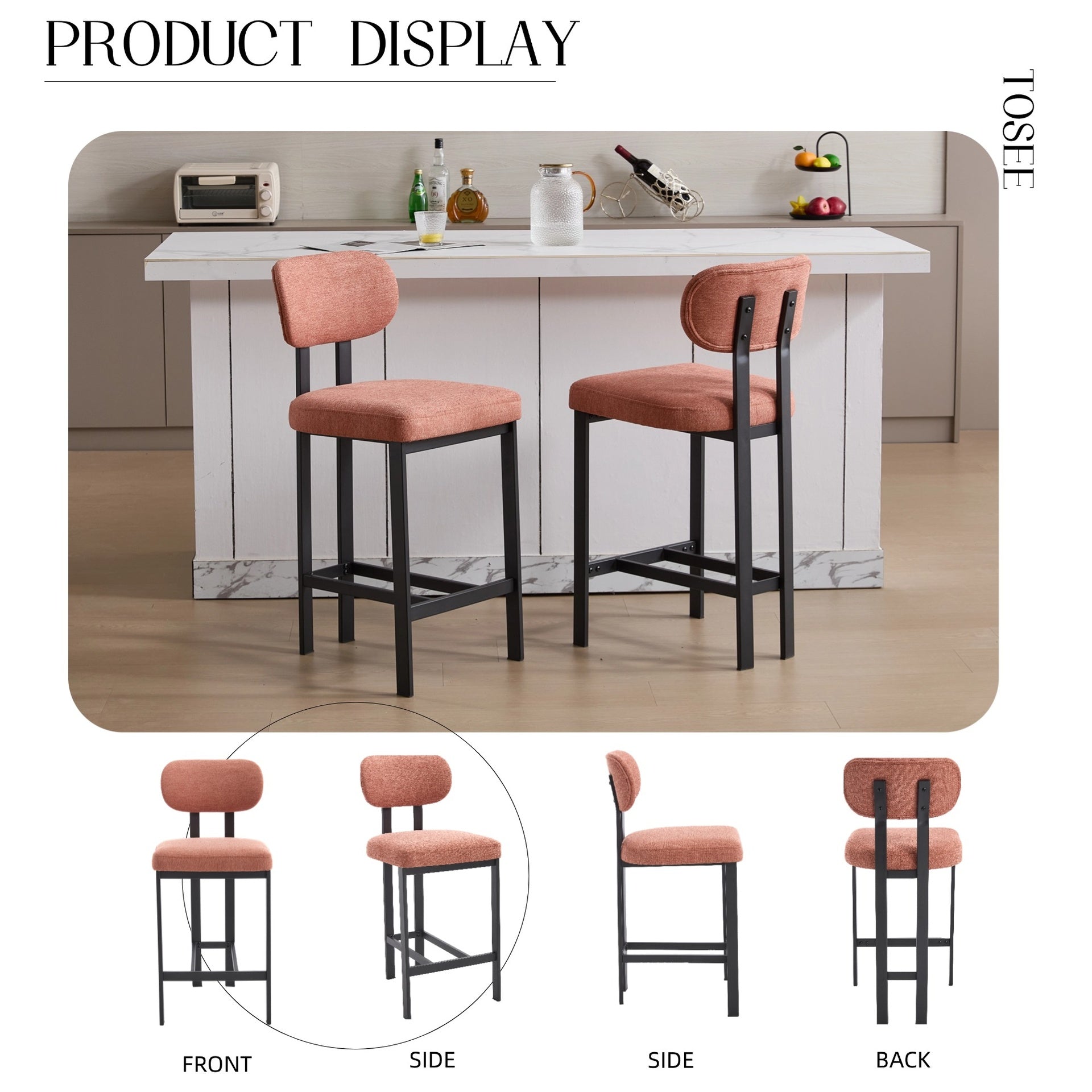 Bar Stools Set of 2, 26 inch Modern Upholstered Fabric Counter Height Barstools, Kitchen Island Chairs with Black Metal Legs for Dining Room/Kitchen Island/Bar
