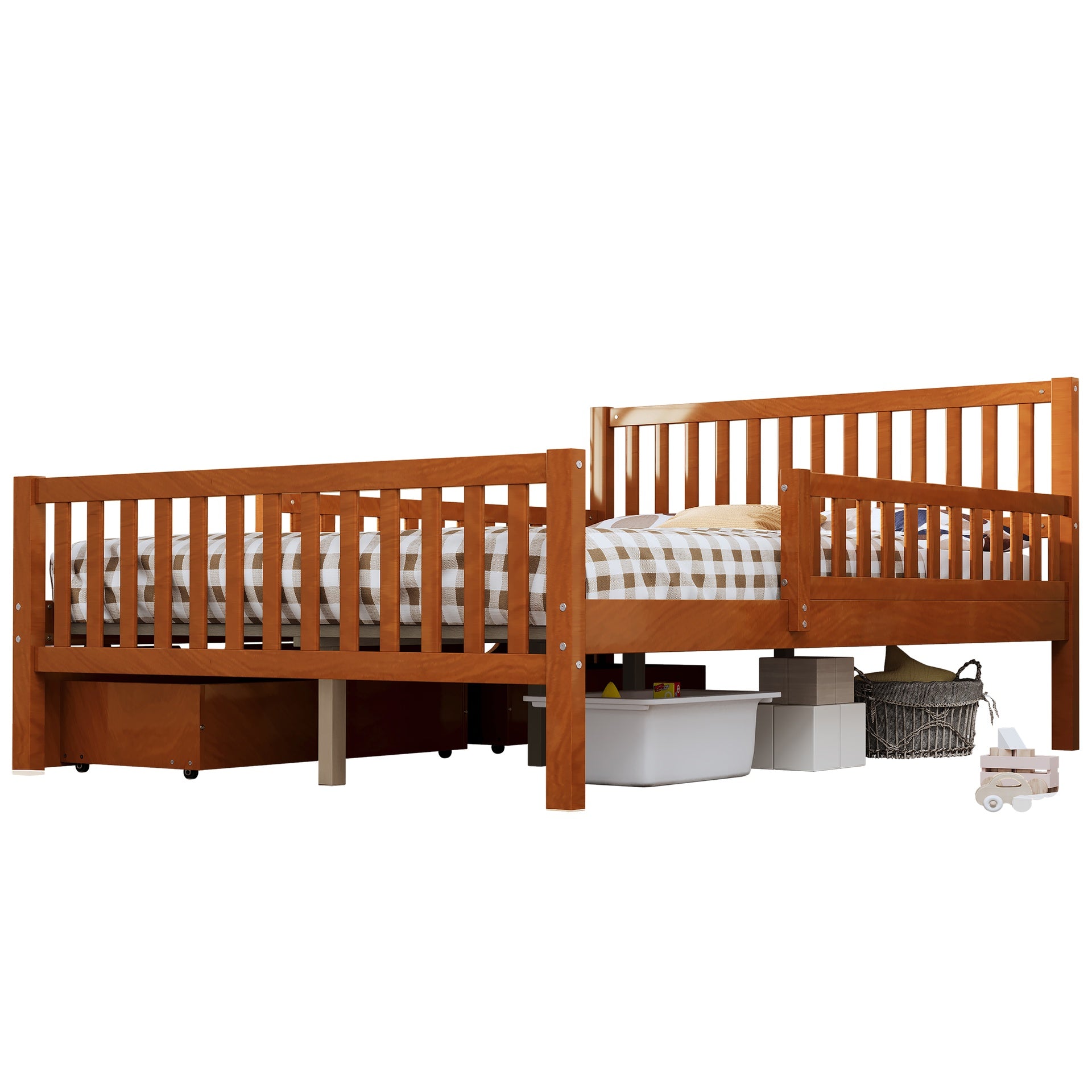 Full Size Wood Platform Bed with Guardrails on Both Sides and Two Storage Drawers, Walnut