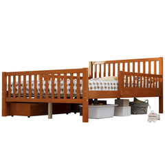 Full Size Wood Platform Bed with Guardrails on Both Sides and Two Storage Drawers, Walnut