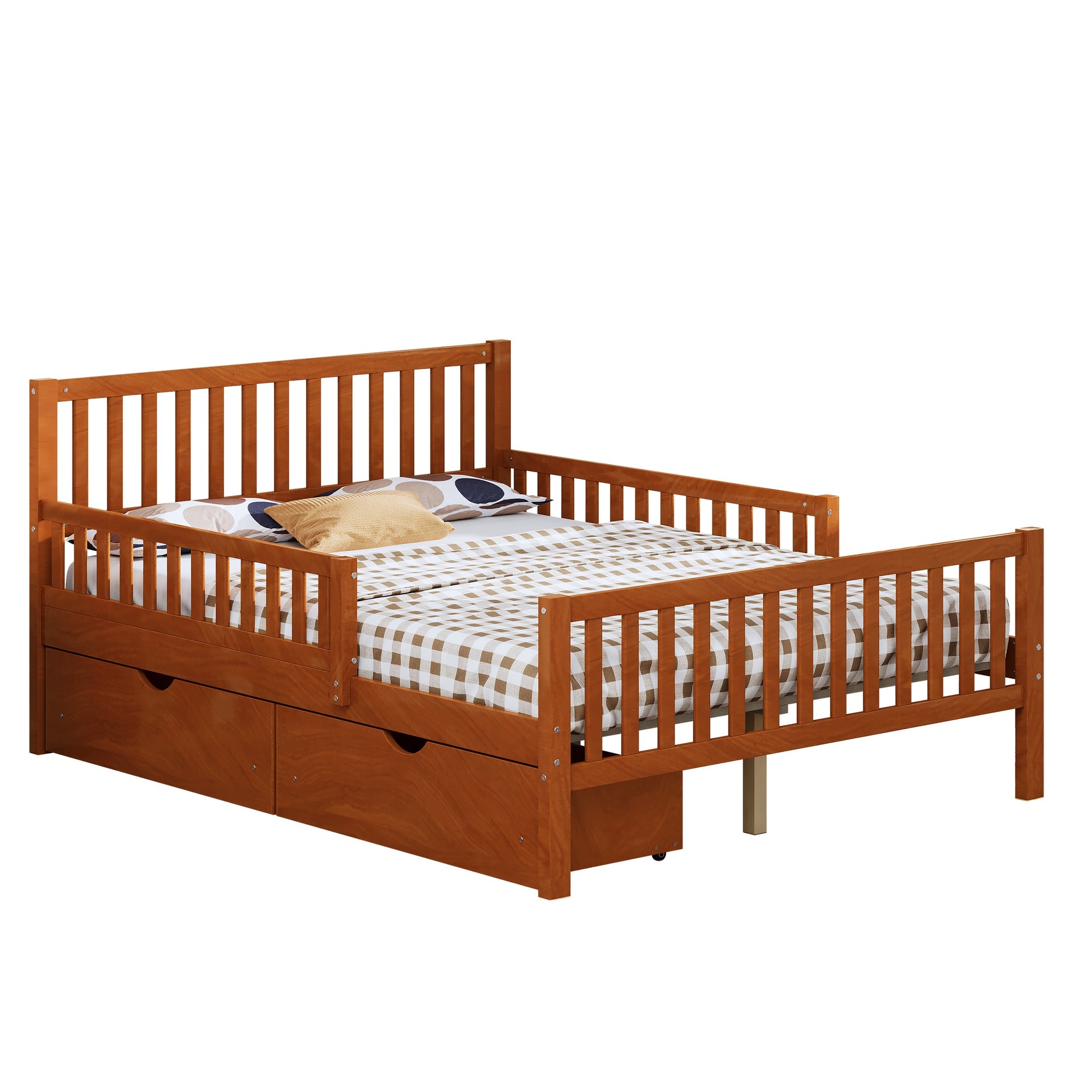 Full Size Wood Platform Bed with Guardrails on Both Sides and Two Storage Drawers, Walnut
