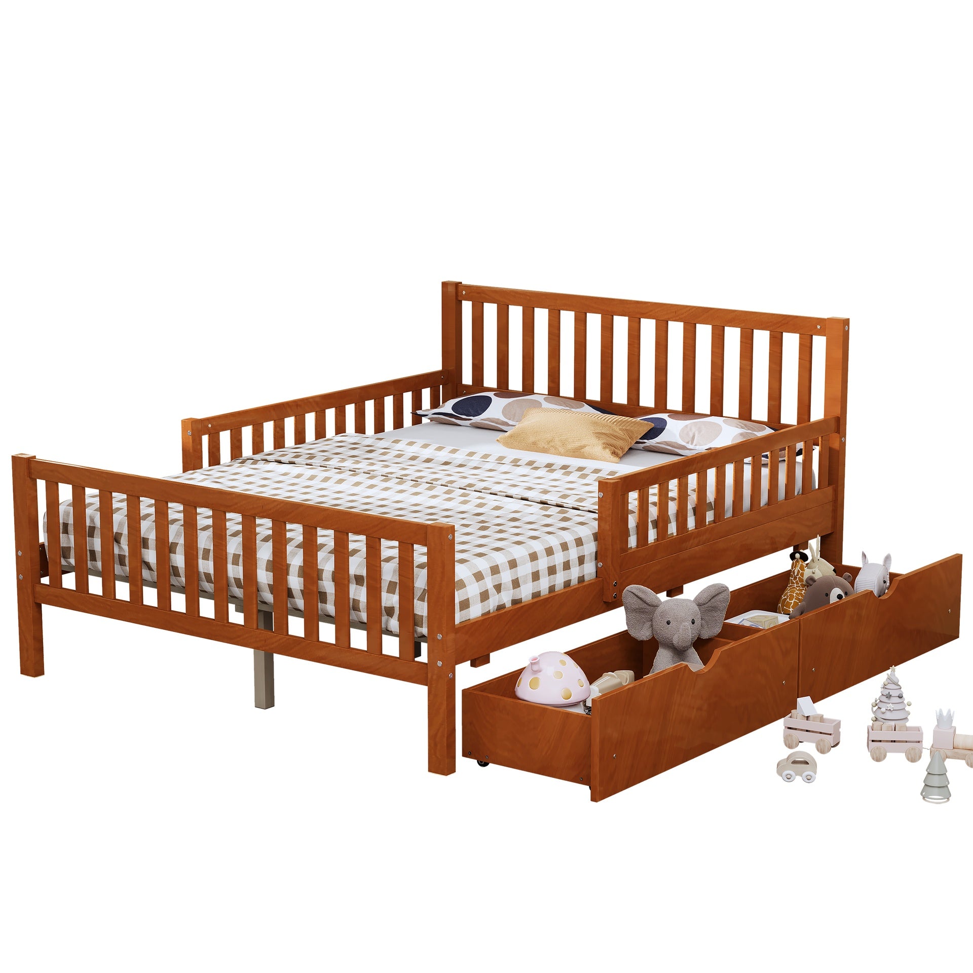 Full Size Wood Platform Bed with Guardrails on Both Sides and Two Storage Drawers, Walnut