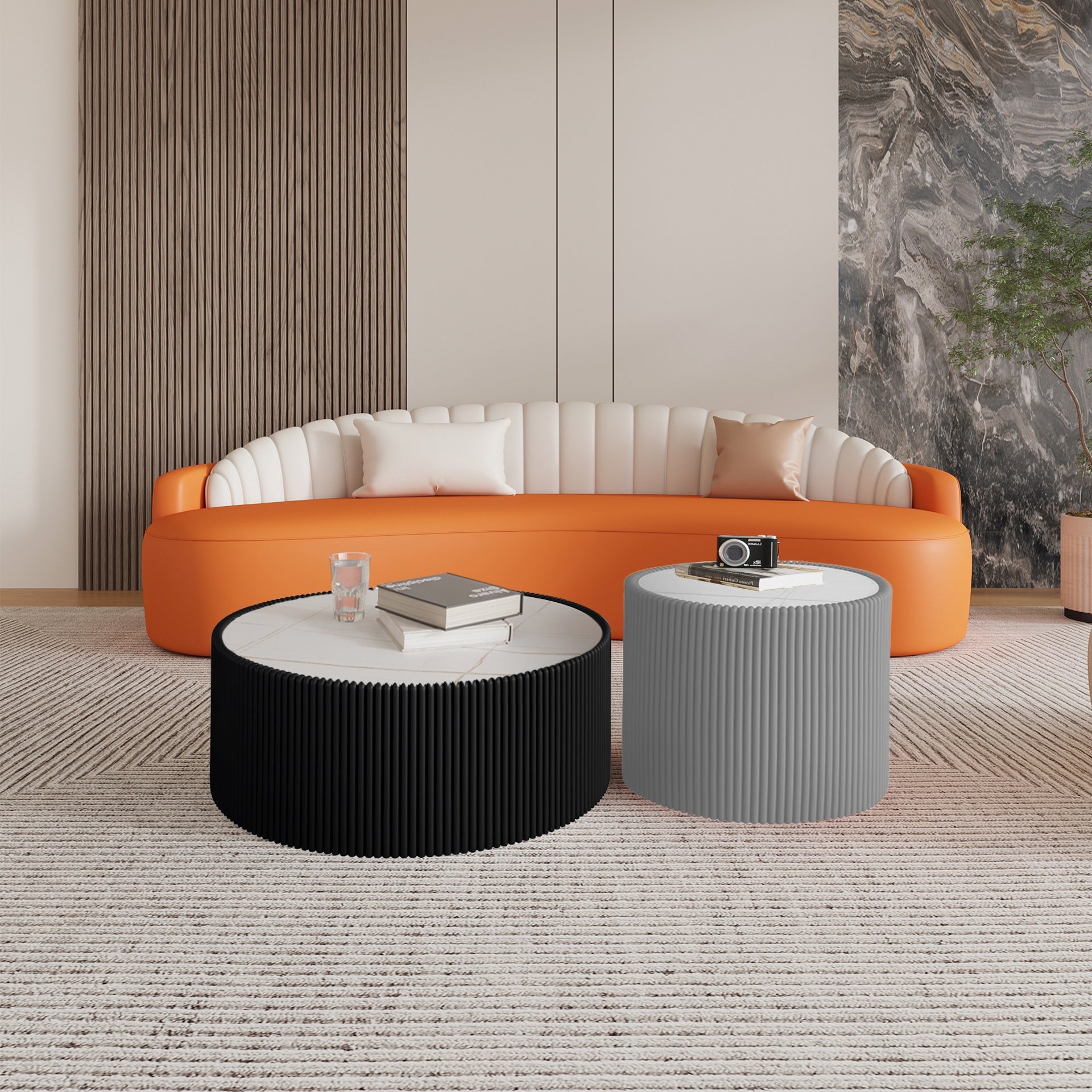 Light Sintered stone Top Cylinder Shape Leather Coffee modern Sofa Table for Living Room furniture (Each tabletop has a unique gold pattern)