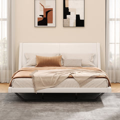 King Size Upholstered Bed Frame, Pu Leather Platform Bed with Wave-Like Curve Design and Trapezoidal-Shaped Leg, No Box Spring Needed, White