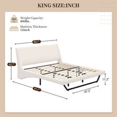 King Size Upholstered Bed Frame, Pu Leather Platform Bed with Wave-Like Curve Design and Trapezoidal-Shaped Leg, No Box Spring Needed, White