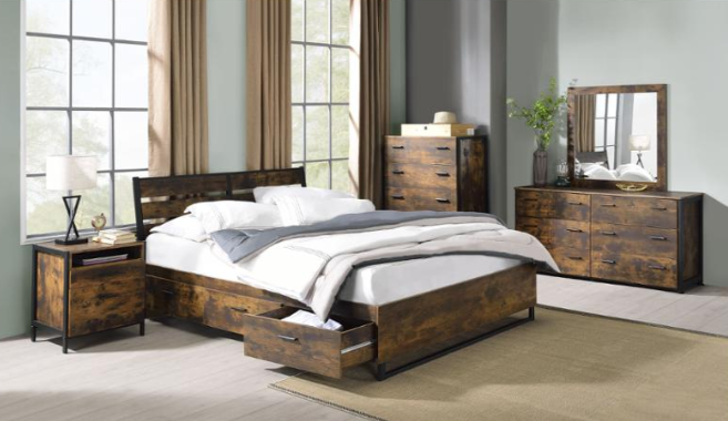 Juvanth Rustic Oak & Black Finish E. King Bed with Storage
