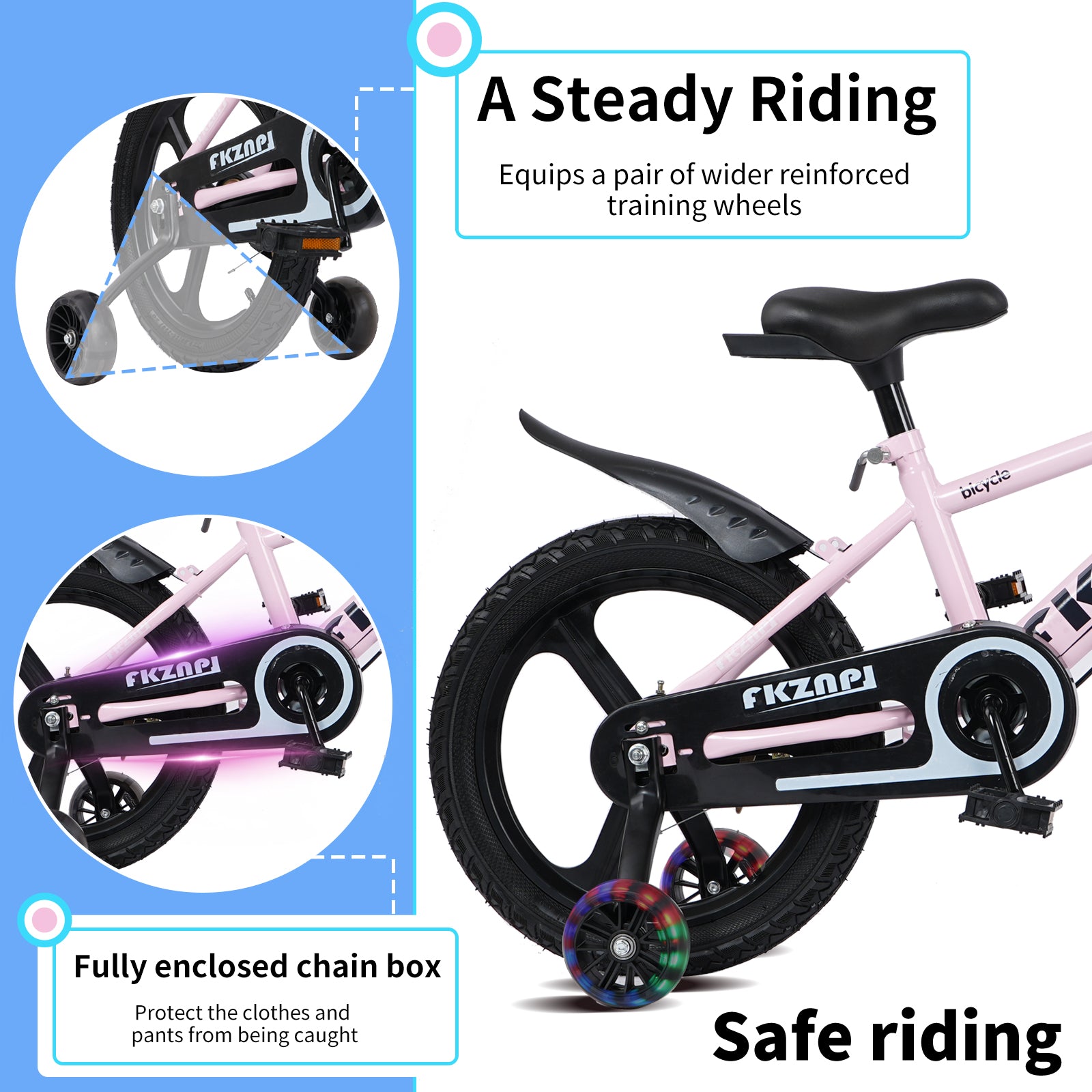 FKZNPJ Kids Bike 18 Inch – High Carbon Steel Frame, Magnesium Alloy Wheels, Training Wheels with Night Glow, Adjustable Seat, Water Bottle – Girls & Boys Bicycle Ages 3-9, Toddler Bike