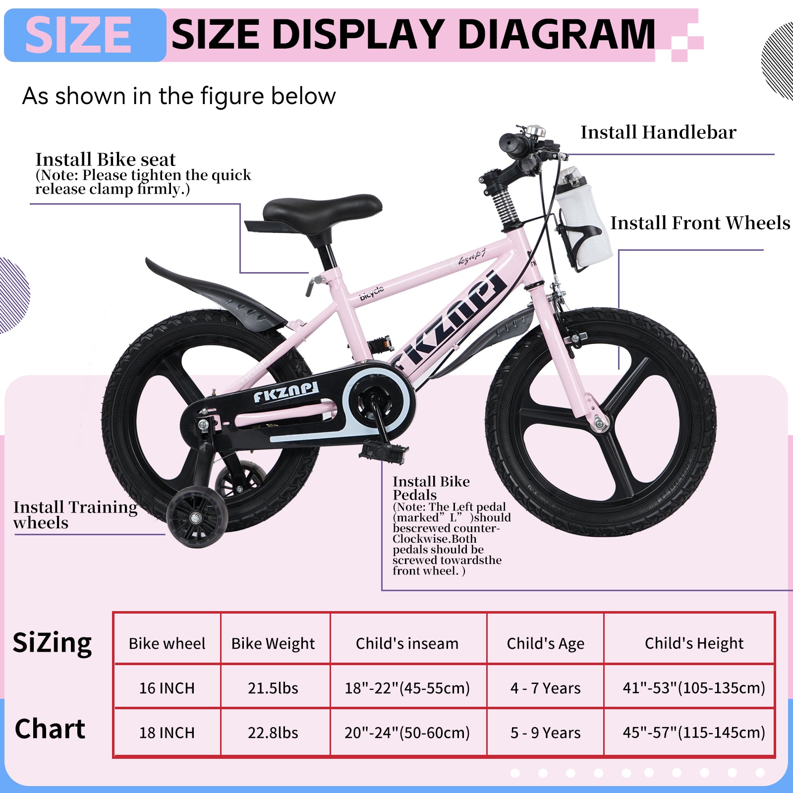 FKZNPJ Kids Bike 18 Inch – High Carbon Steel Frame, Magnesium Alloy Wheels, Training Wheels with Night Glow, Adjustable Seat, Water Bottle – Girls & Boys Bicycle Ages 3-9, Toddler Bike