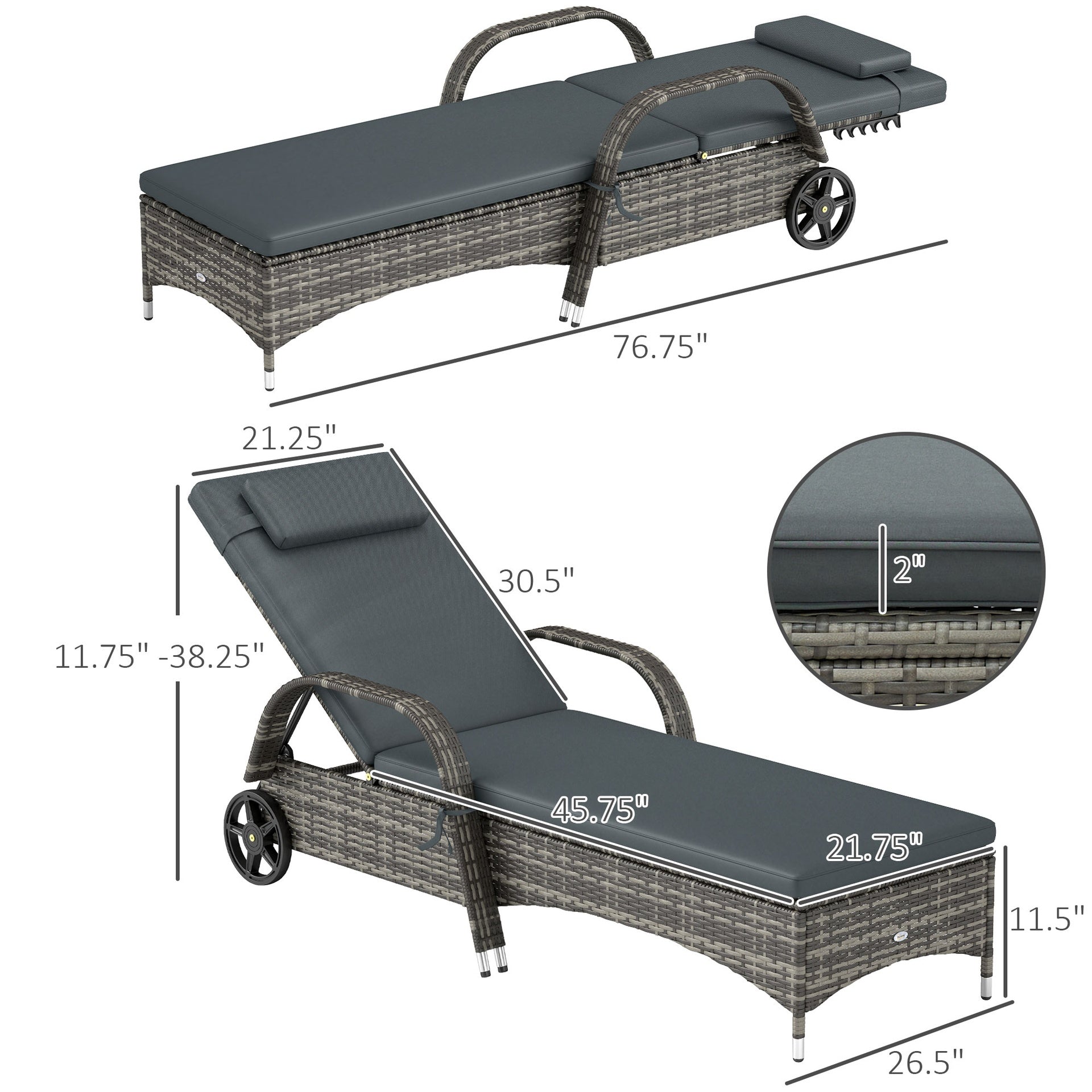 Adjustable Backrest Rattan Pool Lounge Chair,Outdoor Chaise Lounge with Wheels, Cushion & Headrest