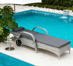 Adjustable Backrest Rattan Pool Lounge Chair,Outdoor Chaise Lounge with Wheels, Cushion & Headrest